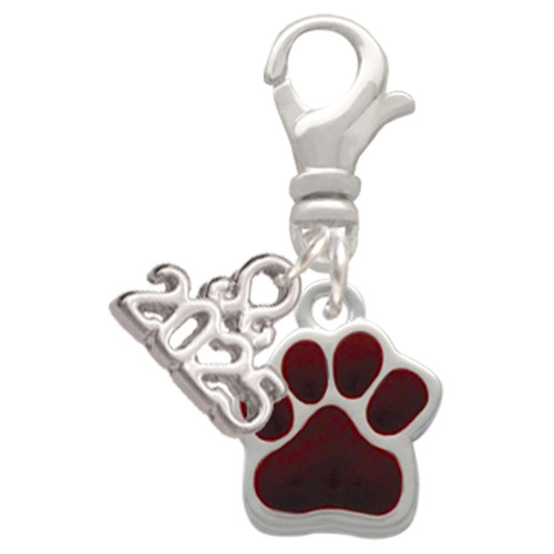 Silver Plated Small Maroon Paw - Silver Plated Clip on Charm with Mini Year 2025: Year to Remember Jewelry Gift - Celebrations