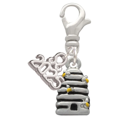 Silver Plated Small Beehive with 4 Bees - Silver Plated Clip on Charm with Mini Year 2025: Year to Remember Jewelry Gift - Celebrations