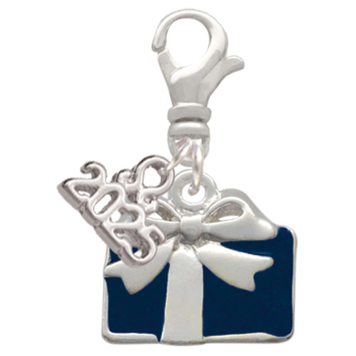 Silver Plated Blue Present - Silver Plated Clip on Charm with Mini Year 2025: Year to Remember Jewelry Gift - Celebrations