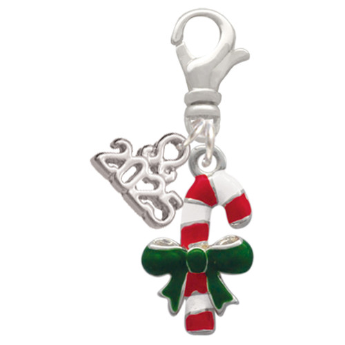 Silver Plated Candy Cane with Green Bow - Silver Plated Clip on Charm with Mini Year 2025: Year to Remember Jewelry Gift - Celebrations