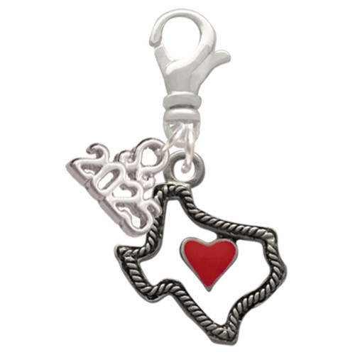 Silver Plated Open Rope Texas with Red Heart - Silver Plated Clip on Charm with Mini Year 2025: Year to Remember Jewelry Gift - Celebrations