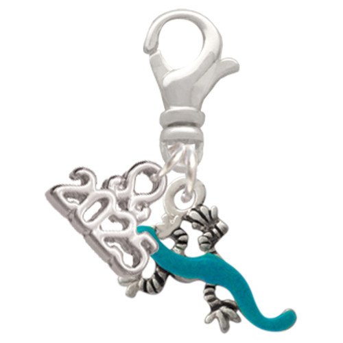 Silver Plated Small Teal Lizard - Silver Plated Clip on Charm with Mini Year 2025: Year to Remember Jewelry Gift - Celebrations