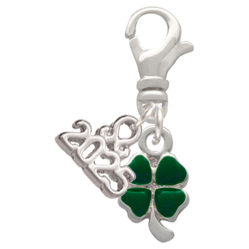Silver Plated Mini Green Four Leaf Clover with Heart Leaves - Silver Plated Clip on Charm with Mini Year 2025: Year to Remember Jewelry Gift - Celebrations