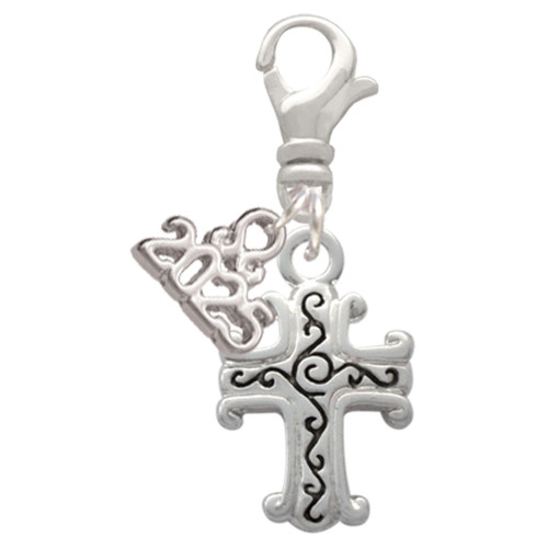 Silver Plated Scroll Cross with Antiqued Decoration - Silver Plated Clip on Charm with Mini Year 2025: Year to Remember Jewelry Gift - Celebrations