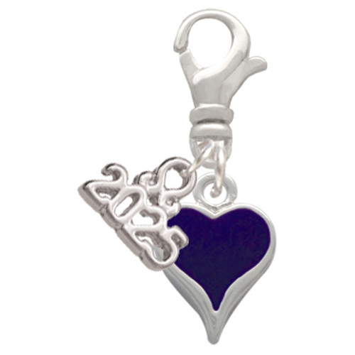 Silver Plated Small Long Purple Heart - Silver Plated Clip on Charm with Mini Year 2025: Year to Remember Jewelry Gift - Celebrations