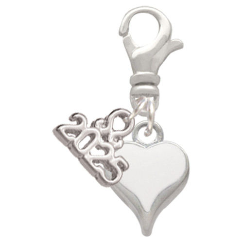 Silver Plated Small Long White Heart - Silver Plated Clip on Charm with Mini Year 2025: Year to Remember Jewelry Gift - Celebrations