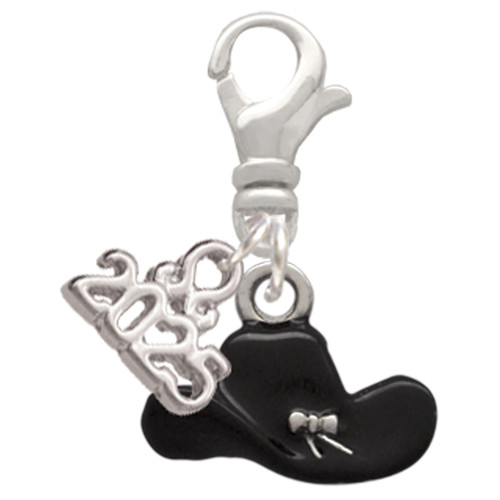 Silver Plated Black Cowboy Hat - Silver Plated Clip on Charm with Mini Year 2025: Year to Remember Jewelry Gift - Celebrations