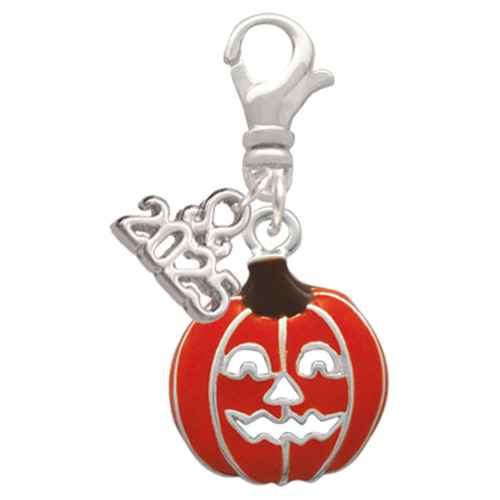 Silver Plated Jack O'Lantern with Cutout Eyes - Silver Plated Clip on Charm with Mini Year 2025: Year to Remember Jewelry Gift - Celebrations