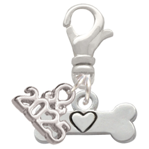 Silver Plated Dog Bone with Heart - Silver Plated Clip on Charm with Mini Year 2025: Year to Remember Jewelry Gift - Celebrations