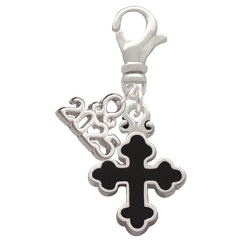 Silver Plated Small Black Enamel Botonee Cross - Silver Plated Clip on Charm with Mini Year 2025: Year to Remember Jewelry Gift - Celebrations