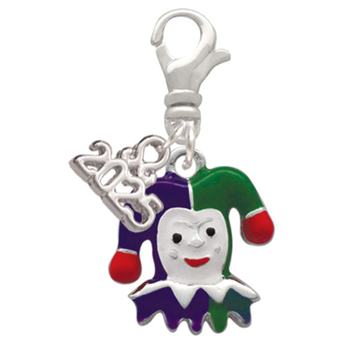 Silver Plated Mardi Gras Jester - Silver Plated Clip on Charm with Mini Year 2025: Year to Remember Jewelry Gift - Celebrations