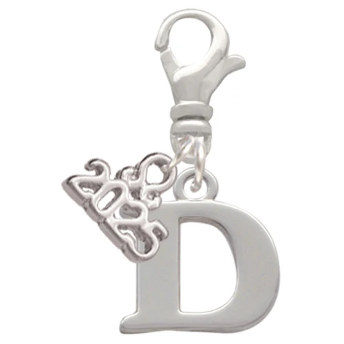 Silver Plated Large Initial - D - Silver Plated Clip on Charm with Mini Year 2025: Year to Remember Jewelry Gift - Celebrations