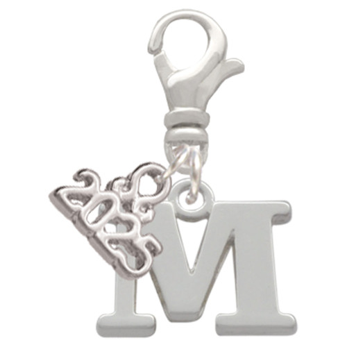Silver Plated Large Initial - M - Silver Plated Clip on Charm with Mini Year 2025: Year to Remember Jewelry Gift - Celebrations