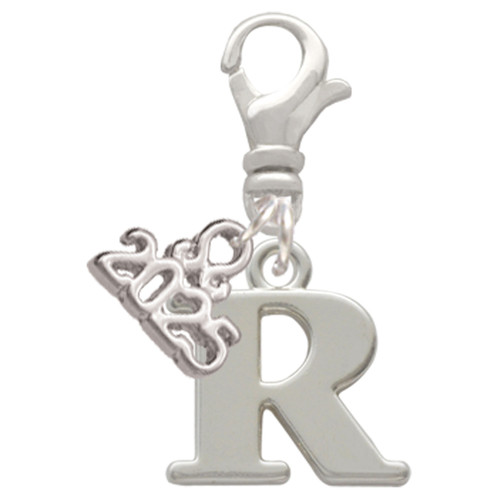 Silver Plated Large Initial - R - Silver Plated Clip on Charm with Mini Year 2025: Year to Remember Jewelry Gift - Celebrations