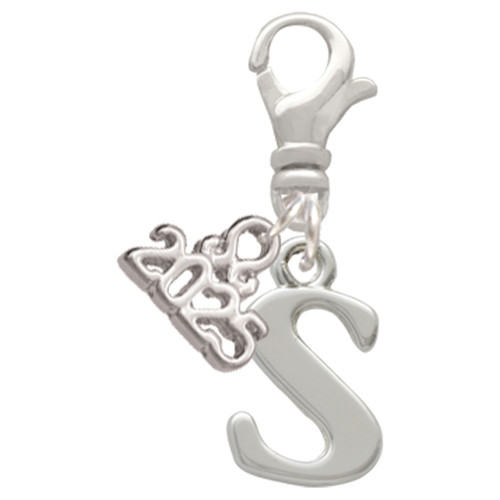 Silver Plated Large Initial - S - Silver Plated Clip on Charm with Mini Year 2025: Year to Remember Jewelry Gift - Celebrations