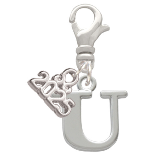 Silver Plated Large Initial - U - Silver Plated Clip on Charm with Mini Year 2025: Year to Remember Jewelry Gift - Celebrations