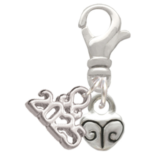 Silver Plated Mini Scroll Heart - Silver Plated Clip on Charm with Mini Year 2025: Year to Remember Jewelry Gift - Celebrations