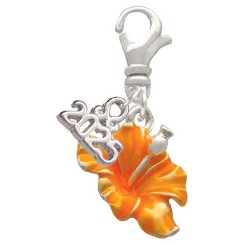 Silver Plated Hot Orange Hibiscus Flower - Silver Plated Clip on Charm with Mini Year 2025: Year to Remember Jewelry Gift - Celebrations