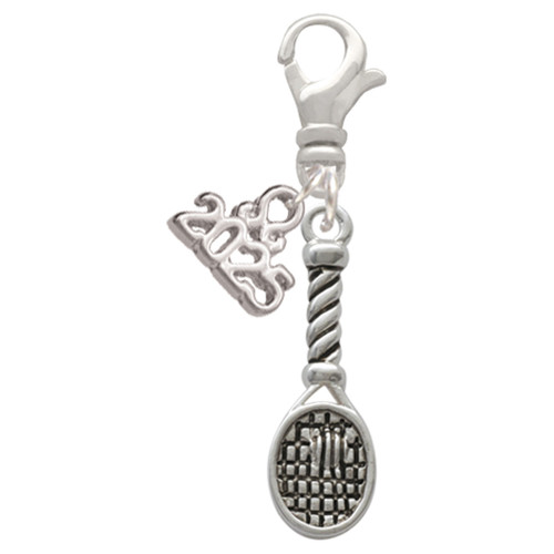 Silver Plated Tennis Racquet - Silver Plated Clip on Charm with Mini Year 2025: Year to Remember Jewelry Gift - Celebrations
