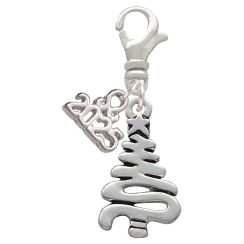 Silver Plated Christmas Tree Zig Zag - Silver Plated Clip on Charm with Mini Year 2025: Year to Remember Jewelry Gift - Celebrations