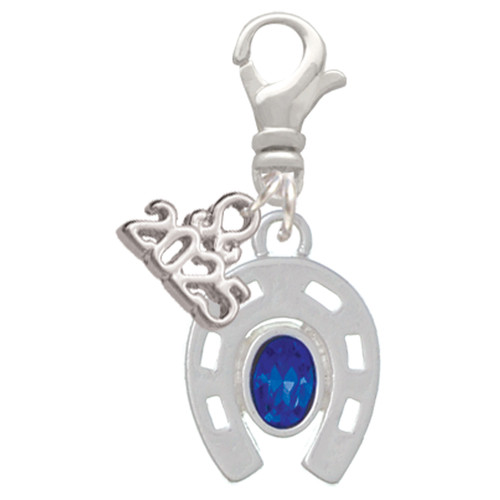 Silver Plated Horseshoe with Oval Blue Crystal - Silver Plated Clip on Charm with Mini Year 2025: Year to Remember Jewelry Gift - Celebrations