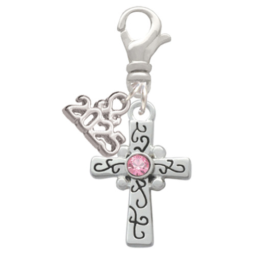 Silver Plated Scroll Cross with Pink Crystal - Silver Plated Clip on Charm with Mini Year 2025: Year to Remember Jewelry Gift - Celebrations
