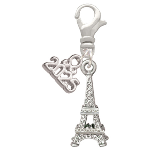 Silver Plated 3-D Eiffel Tower - Silver Plated Clip on Charm with Mini Year 2025: Year to Remember Jewelry Gift - Celebrations
