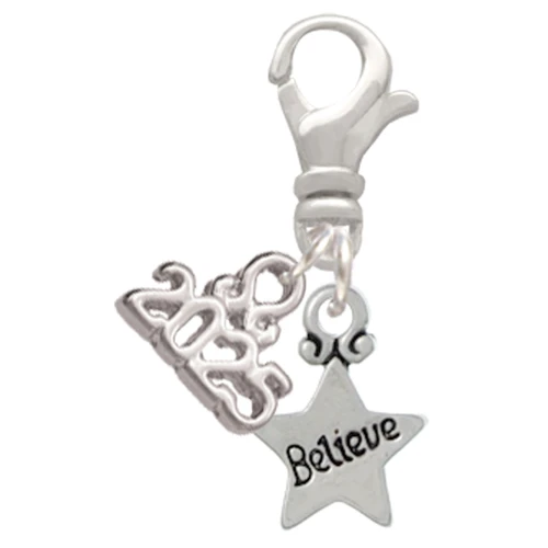 Silver Plated Mini ''Believe'' Star - Silver Plated Clip on Charm with Mini Year 2025: Year to Remember Jewelry Gift - Celebrations