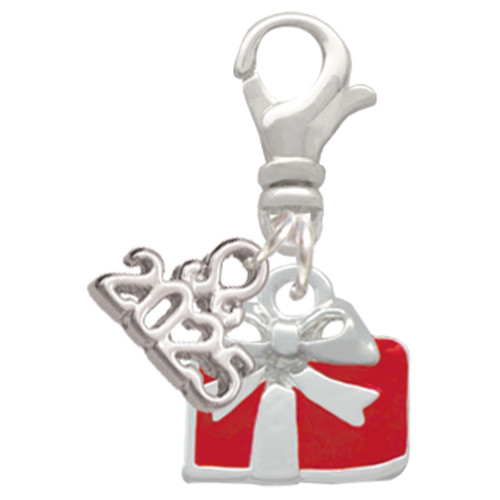 Silver Plated Small Red Enamel Present - Silver Plated Clip on Charm with Mini Year 2025: Year to Remember Jewelry Gift - Celebrations