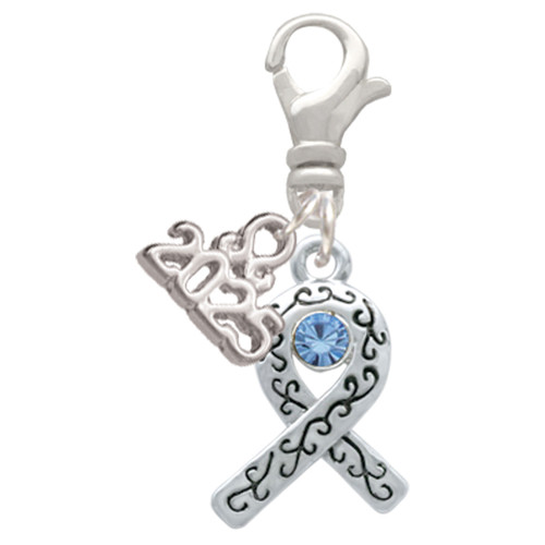 Silver Plated Scroll Ribbon with Light Blue Crystal - Silver Plated Clip on Charm with Mini Year 2025: Year to Remember Jewelry Gift - Celebrations