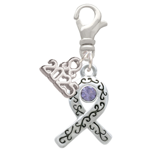 Silver Plated Scroll Ribbon with Lavender Crystal - Silver Plated Clip on Charm with Mini Year 2025: Year to Remember Jewelry Gift - Celebrations