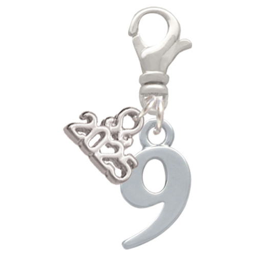 Silver Plated Number - 9 - Silver Plated Clip on Charm with Mini Year 2025: Year to Remember Jewelry Gift - Celebrations