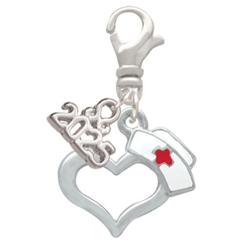 Silver Plated Open Heart with Nurse Hat - Silver Plated Clip on Charm with Mini Year 2025: Year to Remember Jewelry Gift - Celebrations