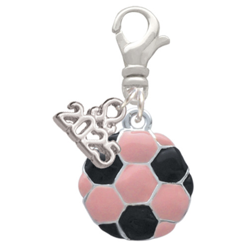 Silver Plated Enamel Pink Soccer ball - Silver Plated Clip on Charm with Mini Year 2025: Year to Remember Jewelry Gift - Celebrations