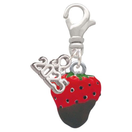 Silver Plated 3-D Chocolate Dipped Strawberry - Silver Plated Clip on Charm with Mini Year 2025: Year to Remember Jewelry Gift - Celebrations