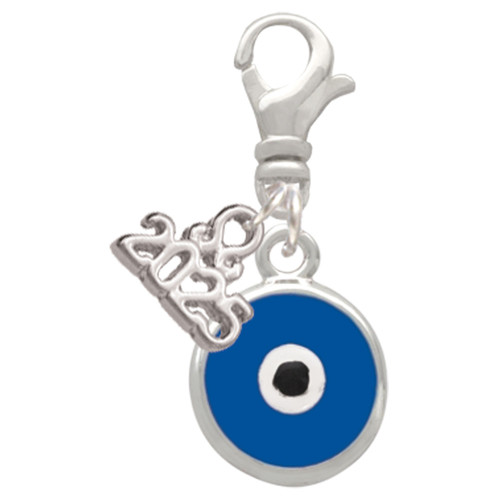 Silver Plated Blue Evil Eye Good Luck - Silver Plated Clip on Charm with Mini Year 2025: Year to Remember Jewelry Gift - Celebrations