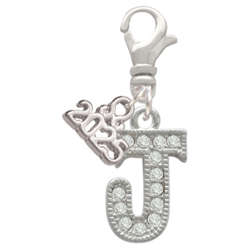 Silver Plated Crystal Initial - J - Silver Plated Clip on Charm with Mini Year 2025: Year to Remember Jewelry Gift - Celebrations