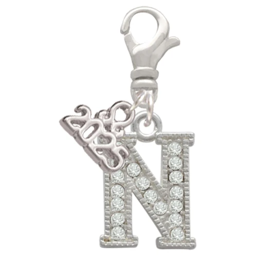 Silver Plated Crystal Initial - N - Silver Plated Clip on Charm with Mini Year 2025: Year to Remember Jewelry Gift - Celebrations
