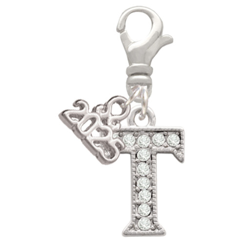 Silver Plated Crystal Initial - T - Silver Plated Clip on Charm with Mini Year 2025: Year to Remember Jewelry Gift - Celebrations