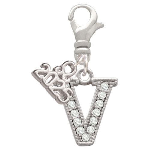 Silver Plated Crystal Initial - V - Silver Plated Clip on Charm with Mini Year 2025: Year to Remember Jewelry Gift - Celebrations