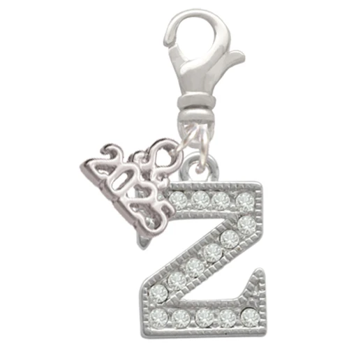 Silver Plated Crystal Initial - Z - Silver Plated Clip on Charm with Mini Year 2025: Year to Remember Jewelry Gift - Celebrations