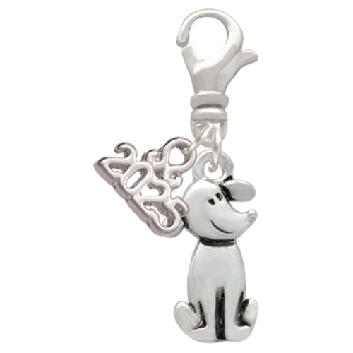 Silver Plated 2-D Dog - Silver Plated Clip on Charm with Mini Year 2025: Year to Remember Jewelry Gift - Celebrations
