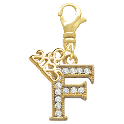 Gold-tone Crystal Initial - F - Gold-tone Plated Clip on Charm with Mini Year 2025: Year to Remember Jewelry Gift - Celebrations
