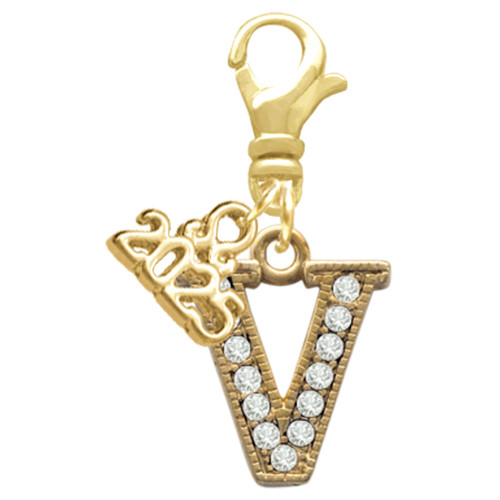 Gold-tone Crystal Initial - V - Gold-tone Plated Clip on Charm with Mini Year 2025: Year to Remember Jewelry Gift - Celebrations