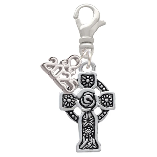 Silver Plated Large Celtic Cross - Silver Plated Clip on Charm with Mini Year 2025: Year to Remember Jewelry Gift - Celebrations