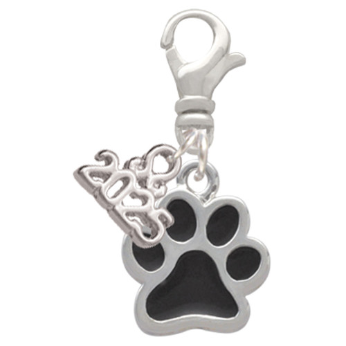Silver Plated Medium Black Paw - Silver Plated Clip on Charm with Mini Year 2025: Year to Remember Jewelry Gift - Celebrations