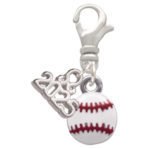 Silver Plated Mini White Baseball - Silver Plated Clip on Charm with Mini Year 2025: Year to Remember Jewelry Gift - Celebrations
