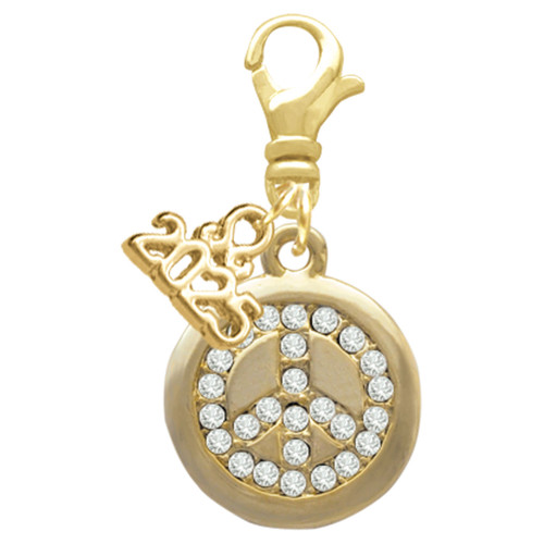 Gold-tone Disc with Crystal Peace Sign - Gold-tone Plated Clip on Charm with Mini Year 2025: Year to Remember Jewelry Gift - Celebrations
