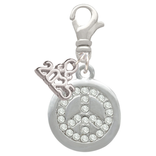 Silver Plated Disc with Crystal Peace Sign - Silver Plated Clip on Charm with Mini Year 2025: Year to Remember Jewelry Gift - Celebrations