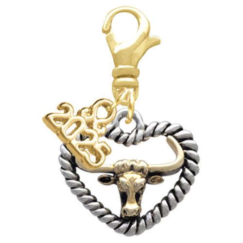 Gold-tone Longhorn in Rope Heart - Gold-tone Plated Clip on Charm with Mini Year 2025: Year to Remember Jewelry Gift - Celebrations